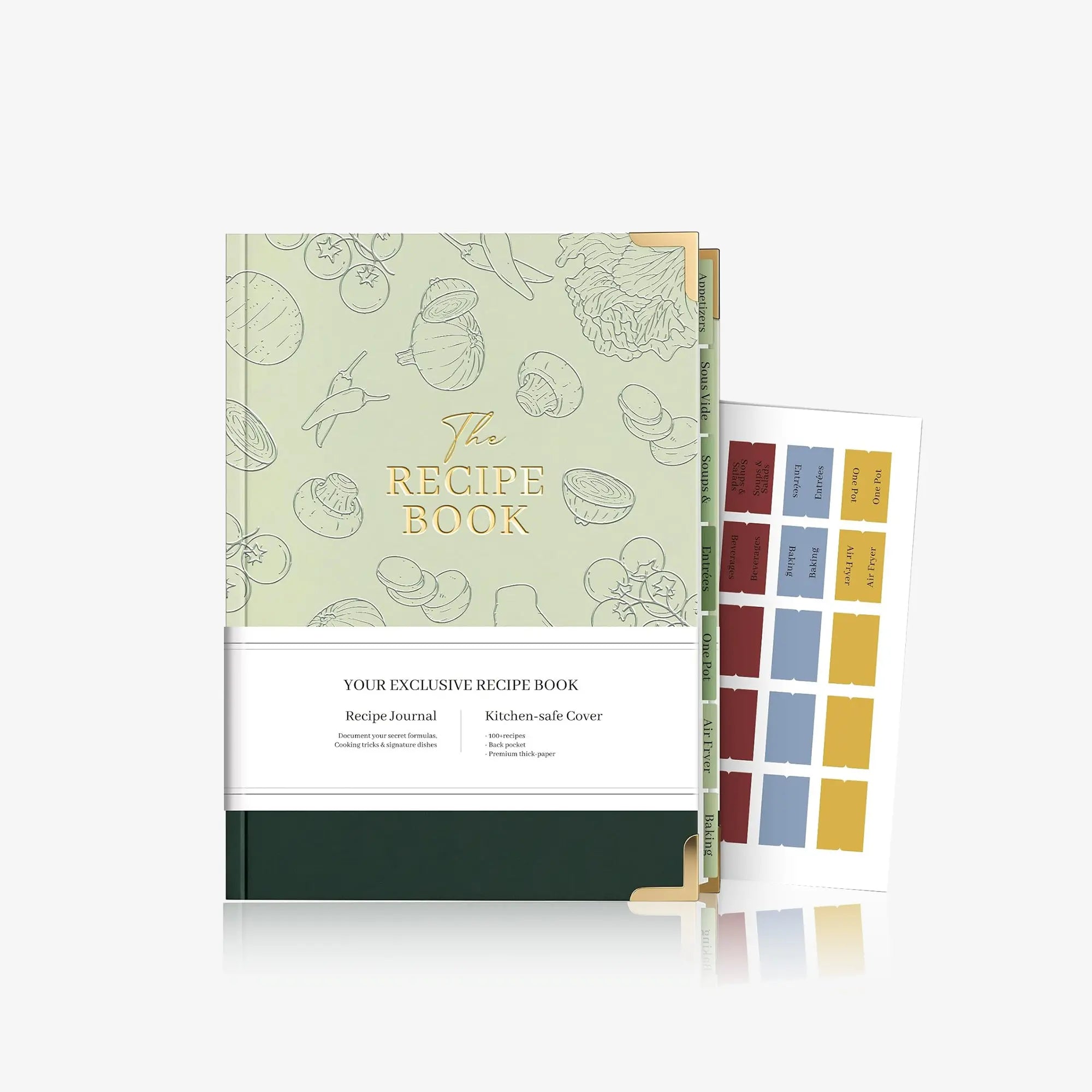 Molekaus sage green faux leather recipe journal with gold-foil lettering, featuring protective metal corners and an elegant gift-ready presentation box.
