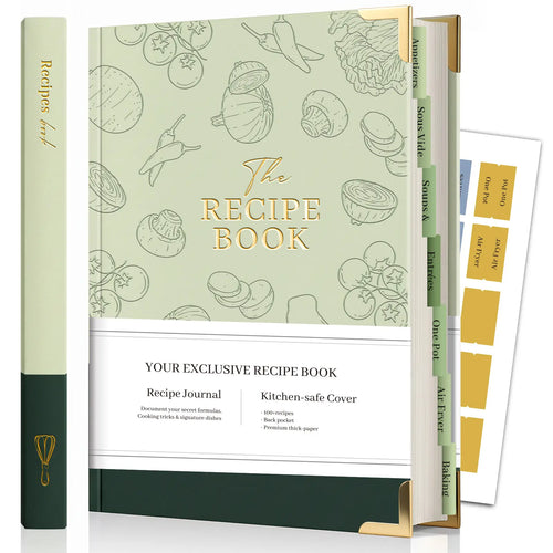 Angled view of the Molekaus sage green faux leather recipe journal. The artisan hardcover book features elegant gold metal corners, gold foil stamped lettering, and a sophisticated matching presentation box.