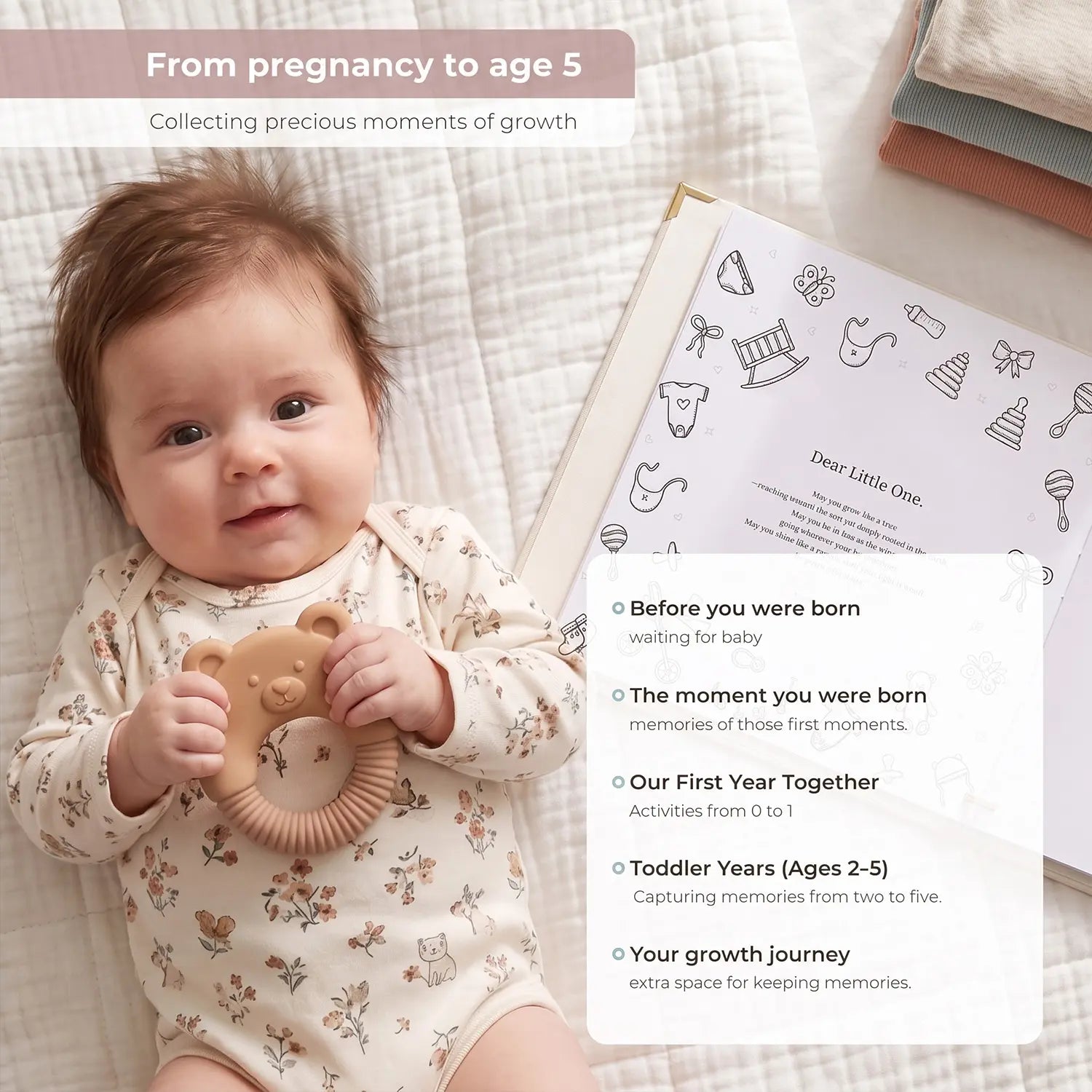 A pristine studio display of the Hello Baby memory book alongside a completed infant handprint and footprint art kit, showcasing an elegant newborn keepsake that makes a perfect baby registry gift.