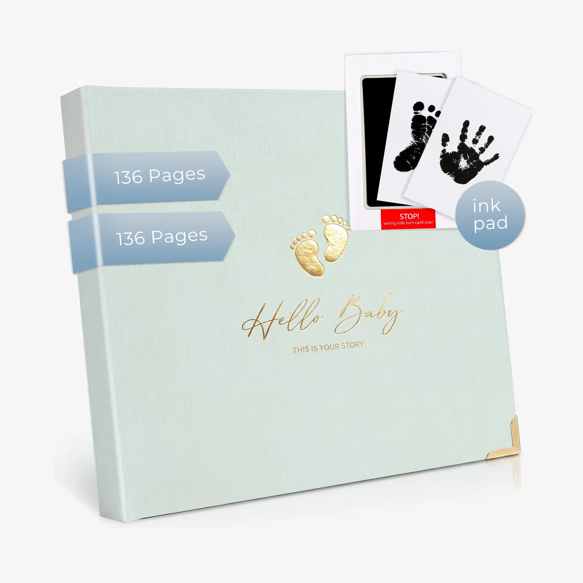 The complete Hello Baby memory book and print kit bundle, featuring a high-capacity 136-page premium journal with gold foil accents, alongside an included ink pad set to capture your newborn's hand and footprints.