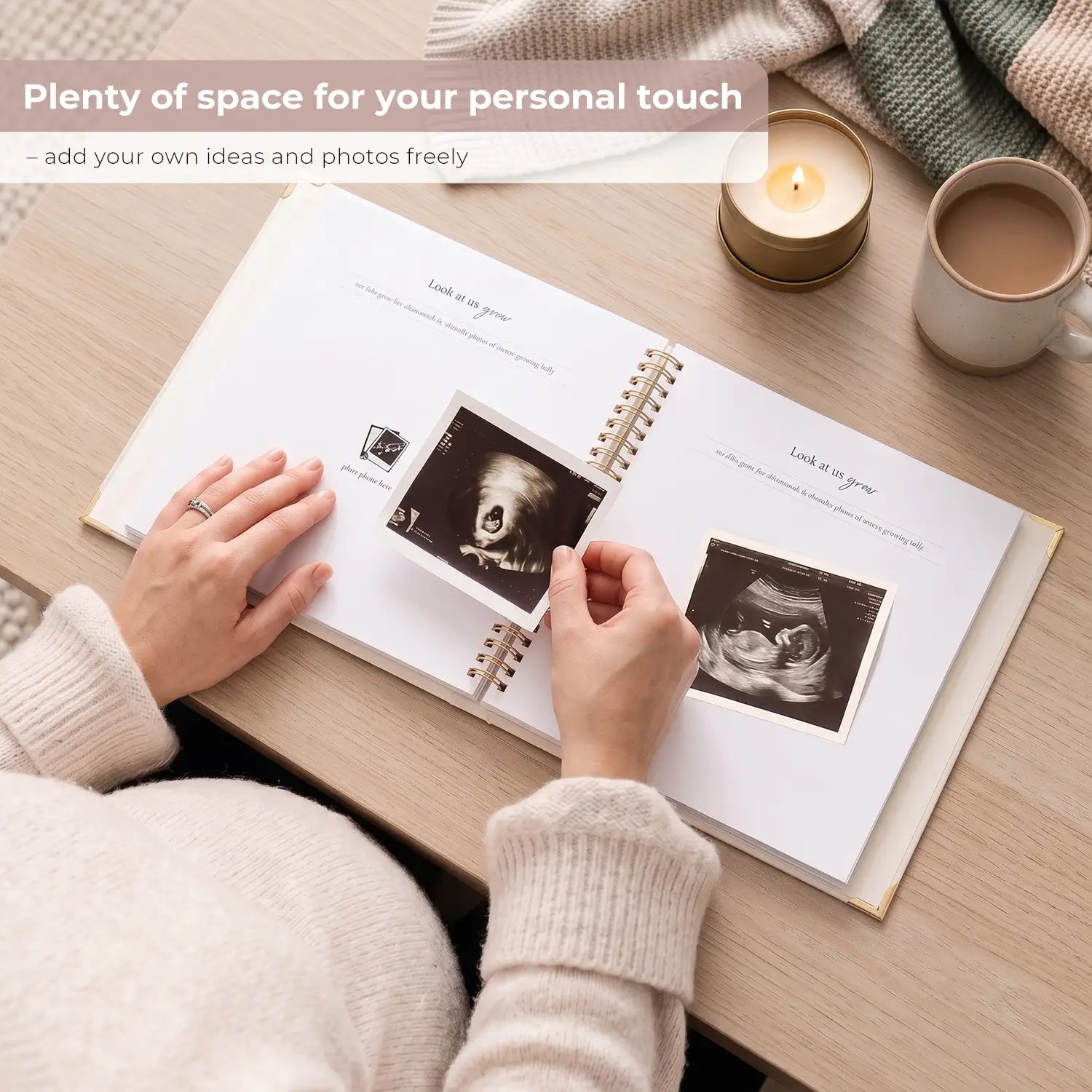A pregnant mother placing a sonogram photo into the Hello Baby memory book, highlighting the customizable blank pages that offer plenty of space for personal touches and DIY pregnancy memories.