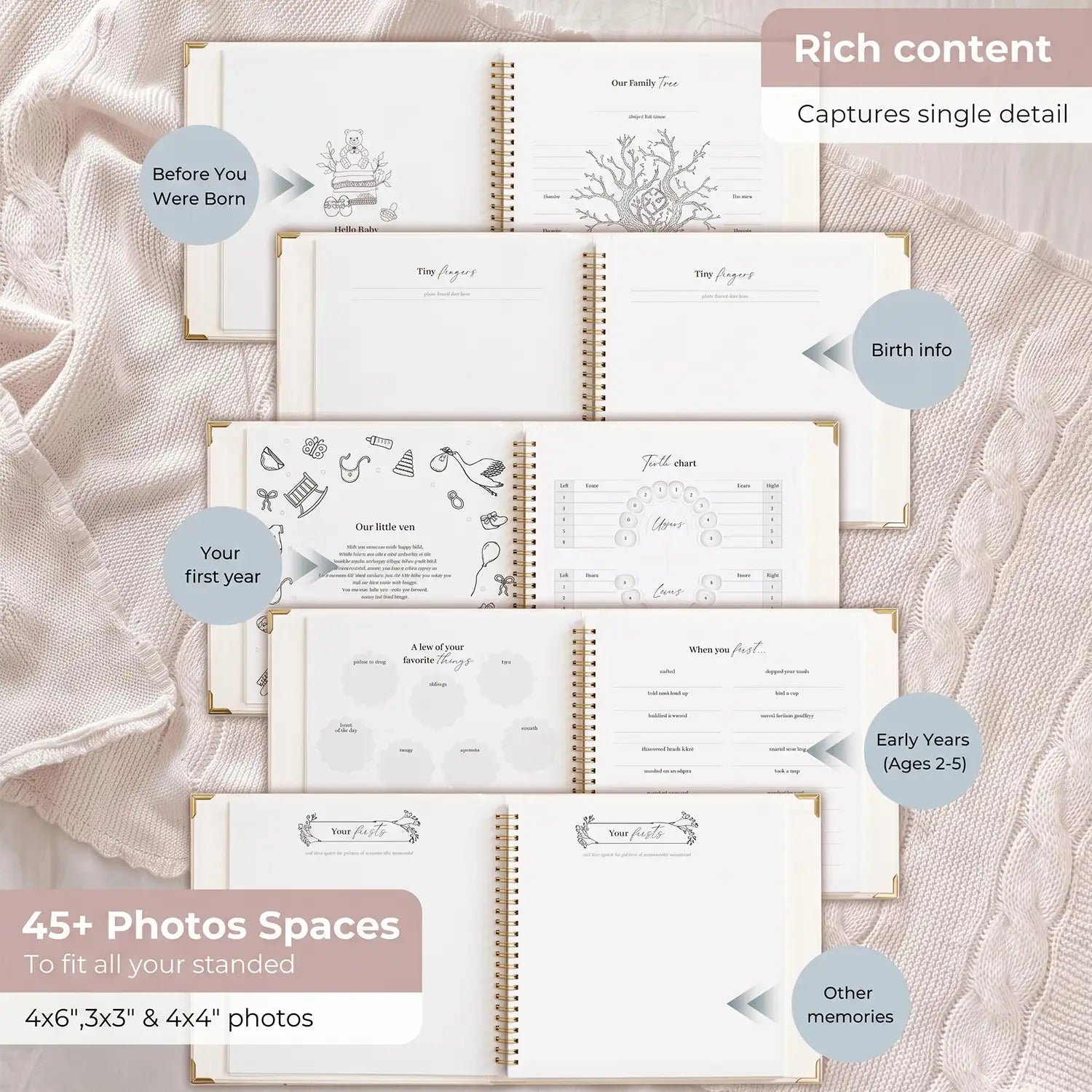 Multiple open interior pages of the Hello Baby memory book laid on a blanket, showcasing rich milestone layouts, a family tree, and over 45 dedicated spaces designed to fit standard 4x6, 3x3, and 4x4 photos.