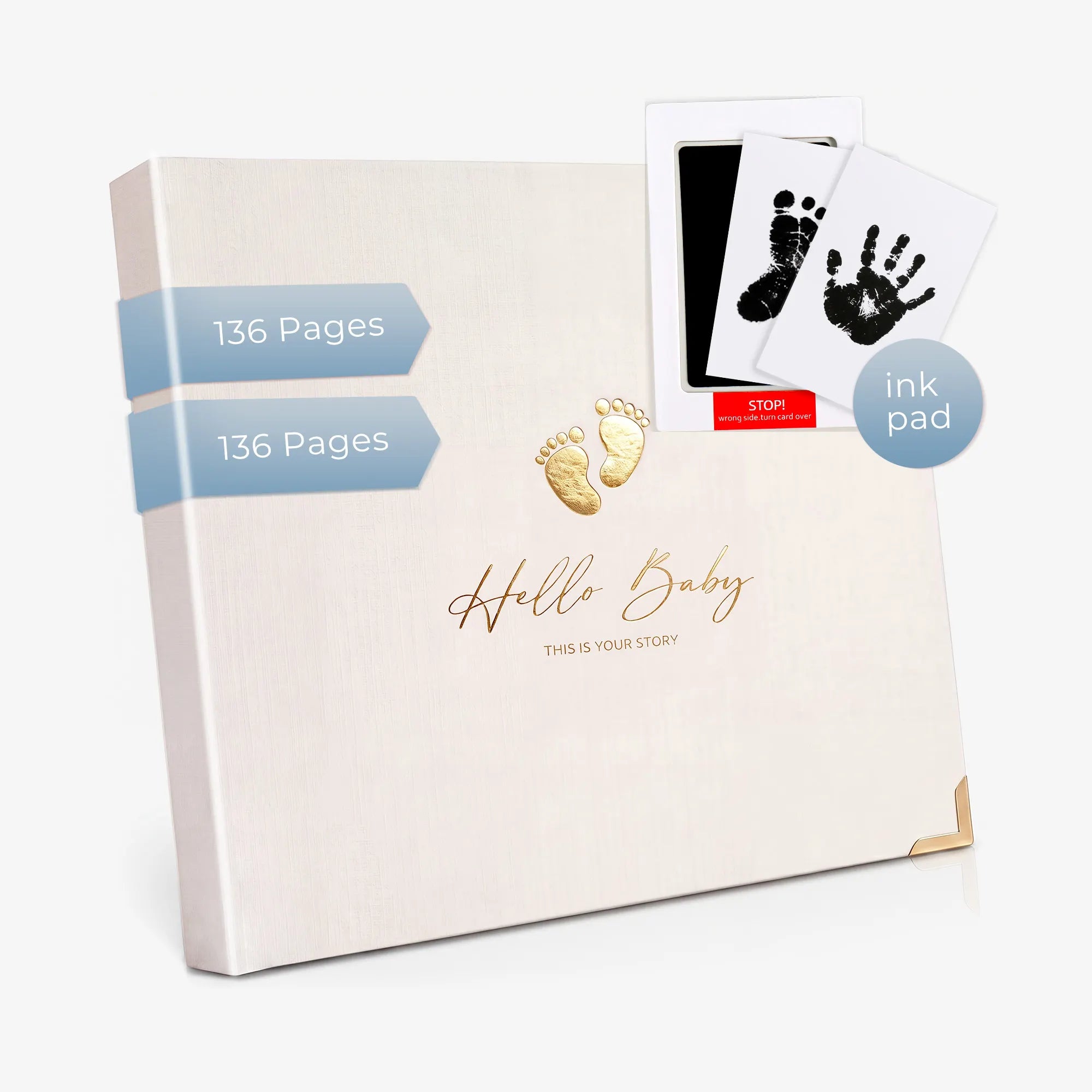 The ivory cream color variant of the Hello Baby memory book and print kit, featuring a minimalist off-white cover with gold foil details that perfectly complements a modern boho nursery aesthetic.