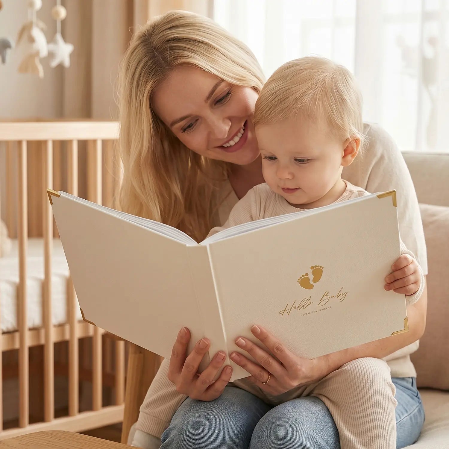 A smiling mother and her toddler sitting in a cozy nursery reading the Hello Baby memory book together, transforming the completed keepsake into a beautiful storytime bonding activity to share early memories.