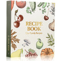 Flat lay of the Molekaus botanical vegetable recipe organizer kit, displaying a 4-ring binder with gold-edged corners, protective plastic sleeves, vintage recipe cards, and a matching gift box.