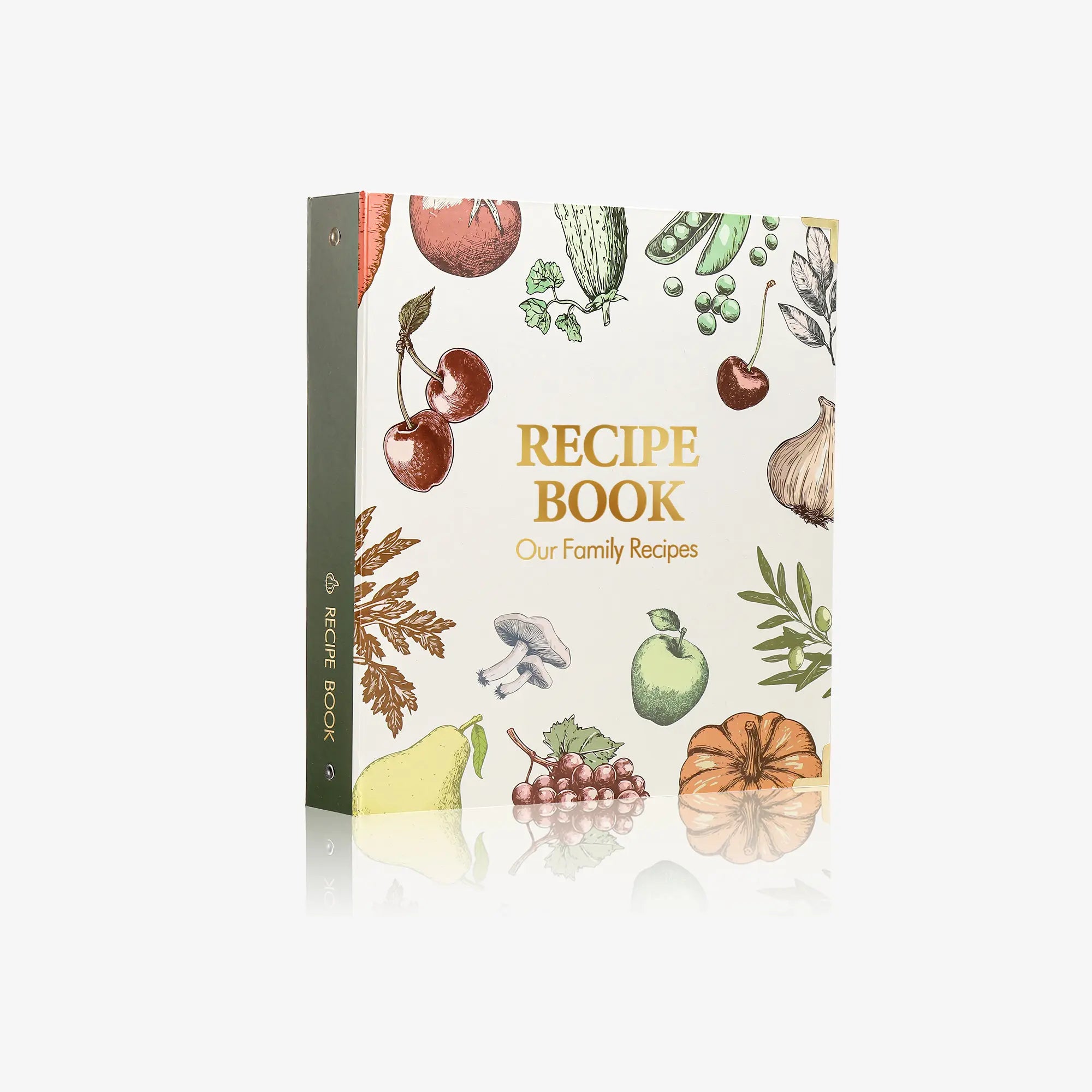Molekaus premium botanical vegetable recipe binder featuring a 4-ring design, gold-corner accents, protective sheets, and vintage-style cards.