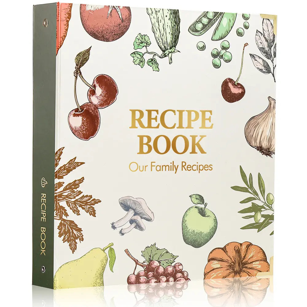 Flat lay of the Molekaus botanical vegetable recipe organizer kit, displaying a 4-ring binder with gold-edged corners, protective plastic sleeves, vintage recipe cards, and a matching gift box.