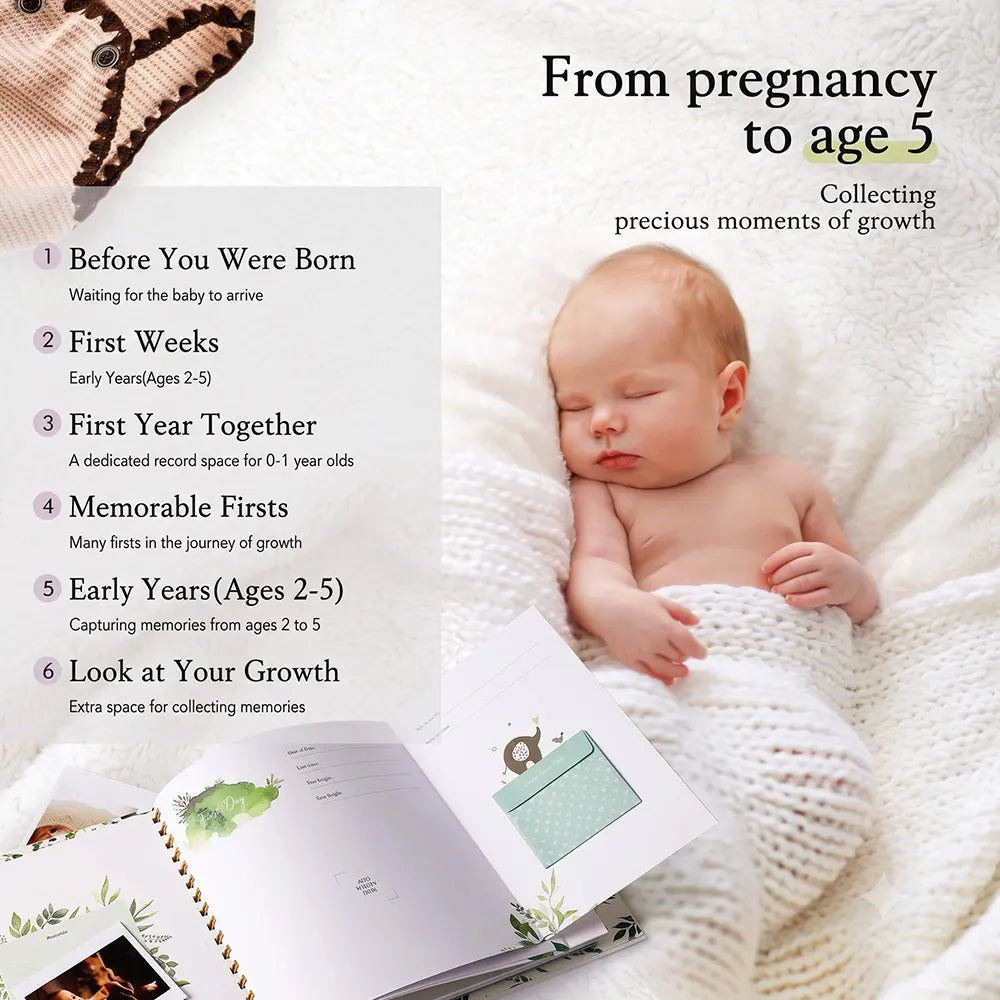 Molekaus 5-year baby memory book interior collection, featuring structured journals for chronicling pregnancy, family history, and yearly milestones from birth to age five.