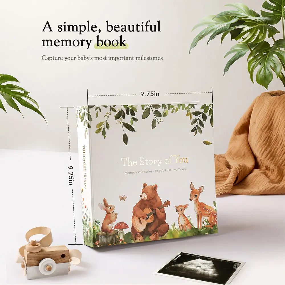 Molekaus 5-year baby memory book shown in a 8.5x10.5 inch premium size, providing a spacious, guided layout for documenting extensive family milestones.