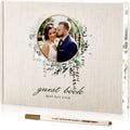Molekaus premium beige linen wedding guest book featuring a customizable photo cover, the perfect sign-in memory book for a classic or rustic wedding reception.