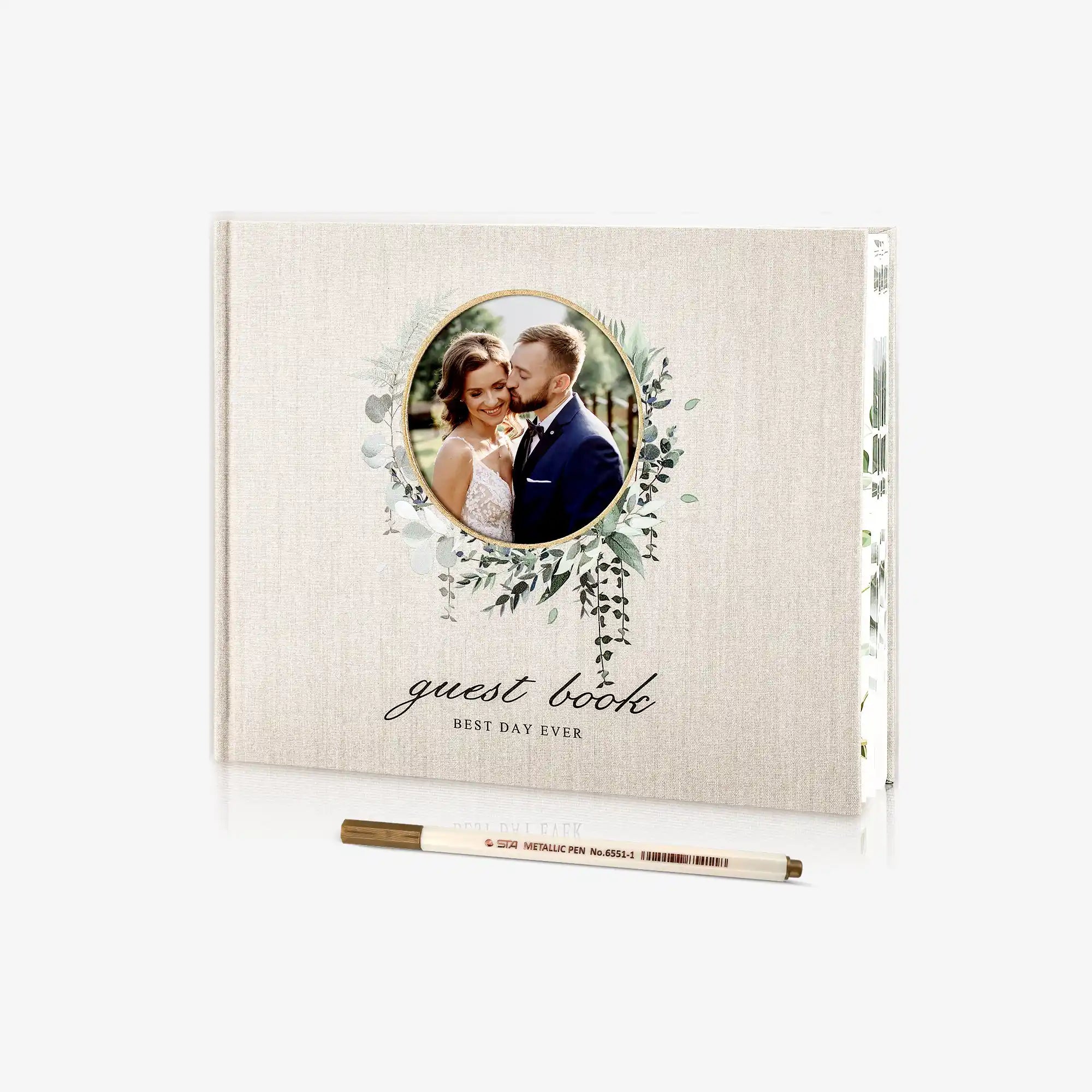 Molekaus premium beige linen wedding guest book featuring a customizable photo cover, the perfect sign-in memory book for a classic or rustic wedding reception.