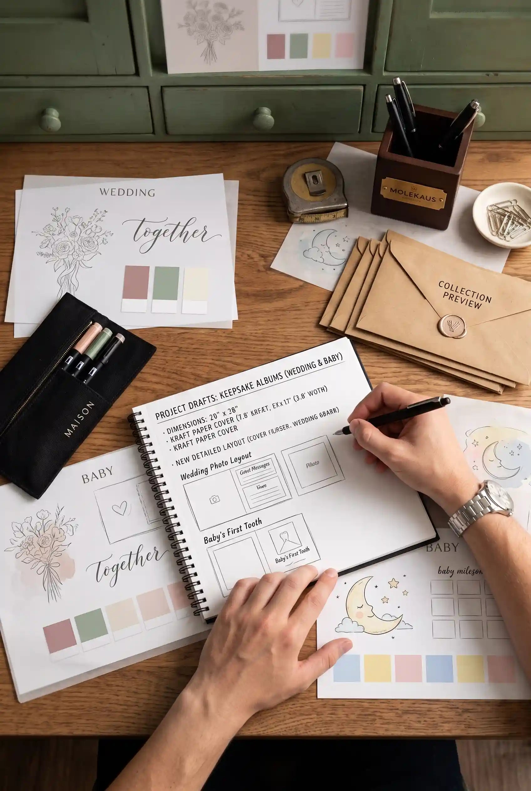 Mobile hero banner showcasing the Molekaus product ideation process. A close-up of a designer's hand sketching initial concepts for our timeless keepsakes on a rustic wooden desk, capturing the authentic craftsmanship behind the brand.
