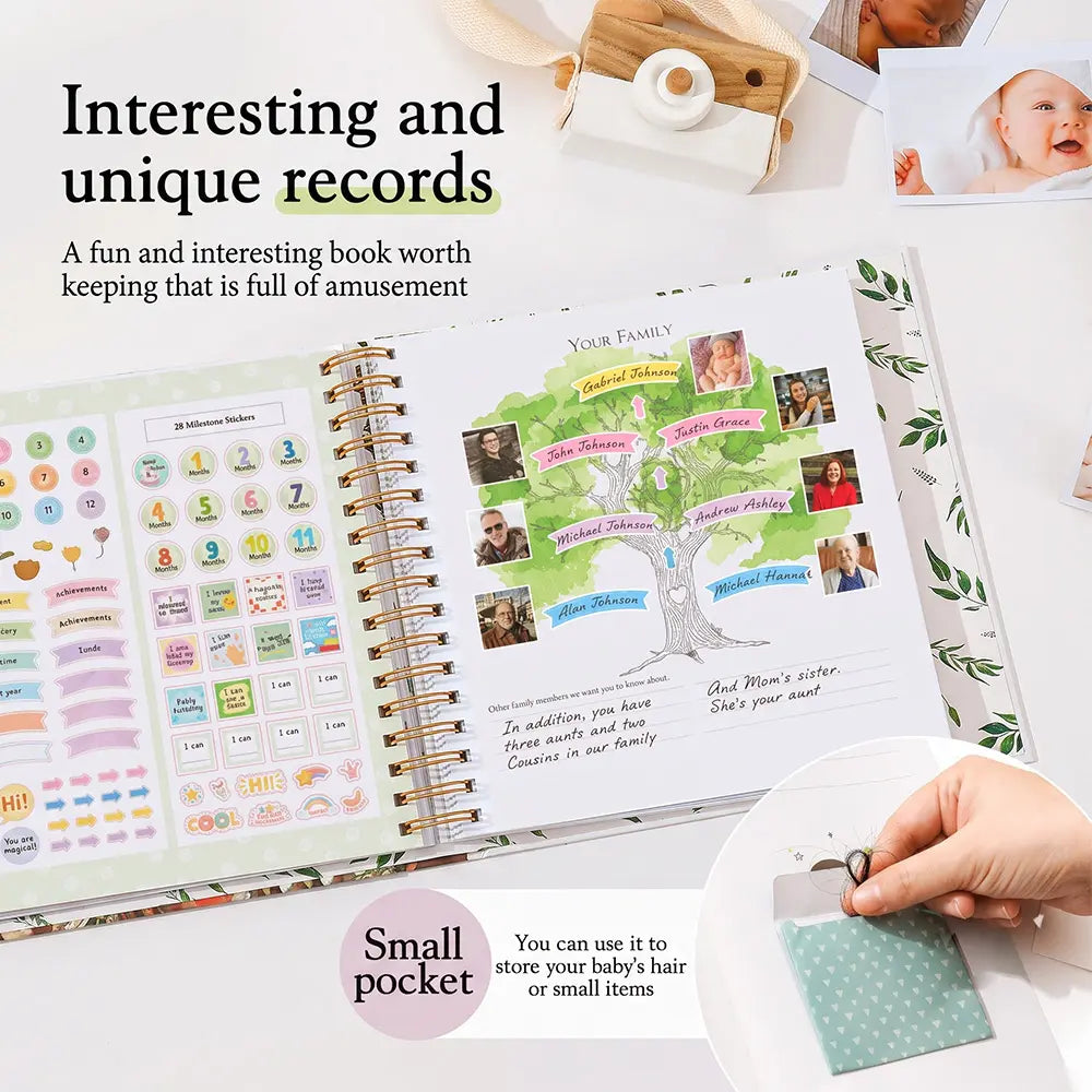 Molekaus 5-year baby memory book detail: using non-damaging photo corners to securely mount ultrasound images for lasting keepsake preservation.