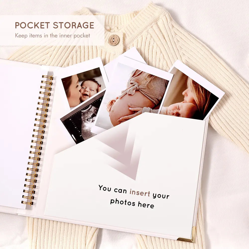A dedicated archival pocket inside the Molekaus baby milestone album, designed to safely store and preserve treasured keepsakes like hospital wristbands, sonograms, and small mementos.