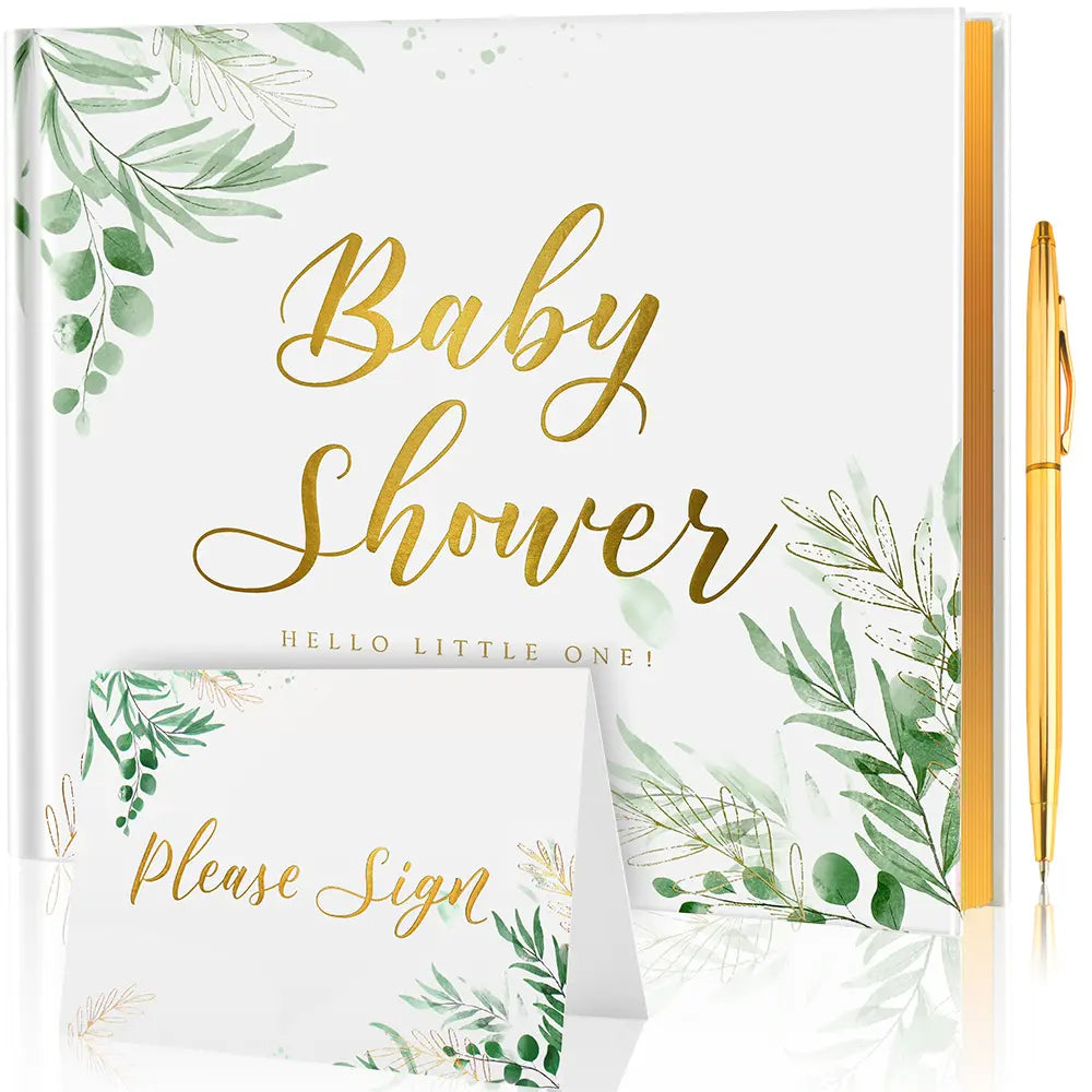 Molekaus baby shower guest book with premium linen cover and gold foil stamping details for recording messages and milestones.