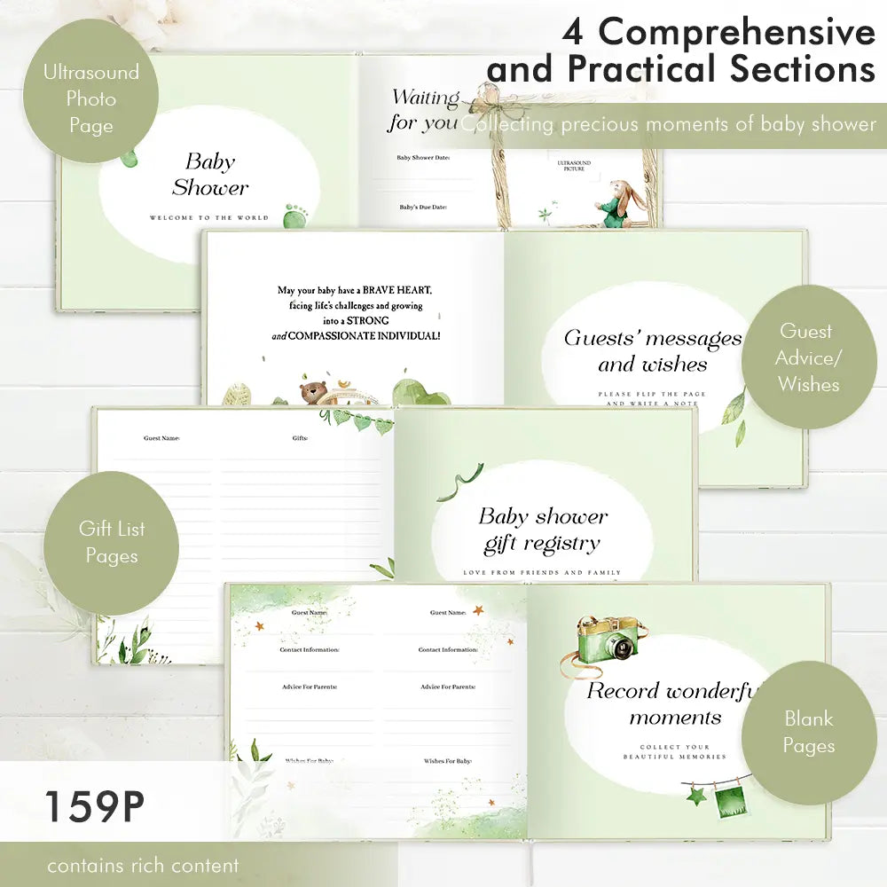 Molekaus baby shower guest book interior featuring organized pages for guest predictions, parenting advice, and gift tracking to simplify party planning.