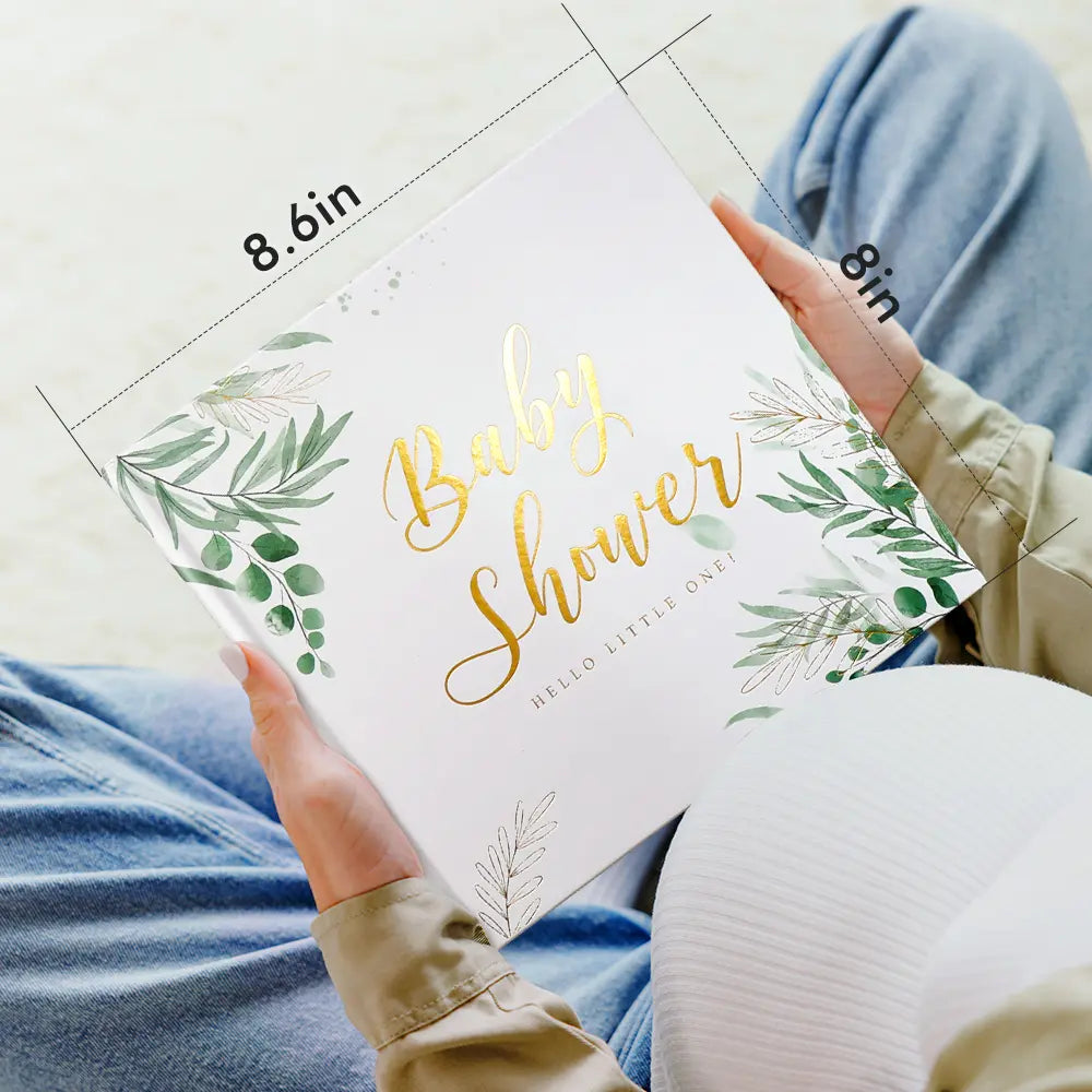 Molekaus premium linen baby shower guest book showing compact scale and elegant aesthetic, perfect for display on any party gift table.