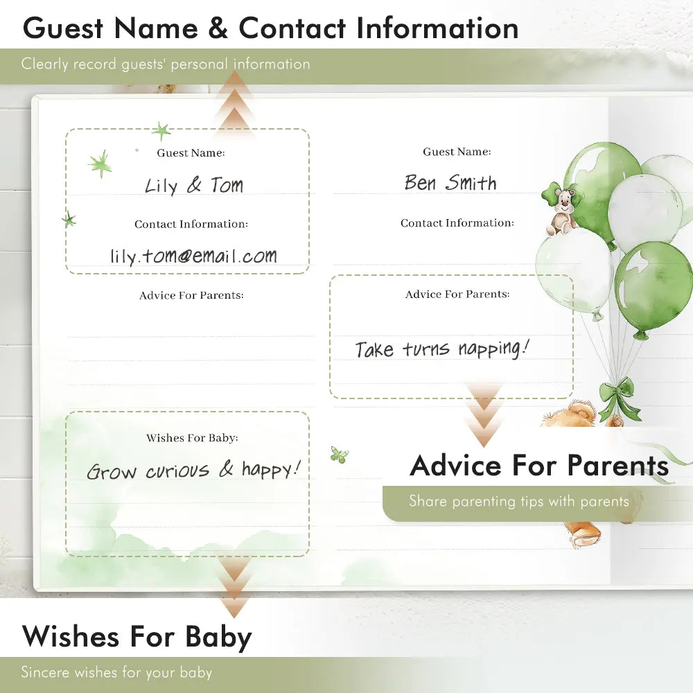 Molekaus baby shower guest book interior with thoughtful writing prompts for parenting advice and warm wishes, featuring clean, readable layout design.