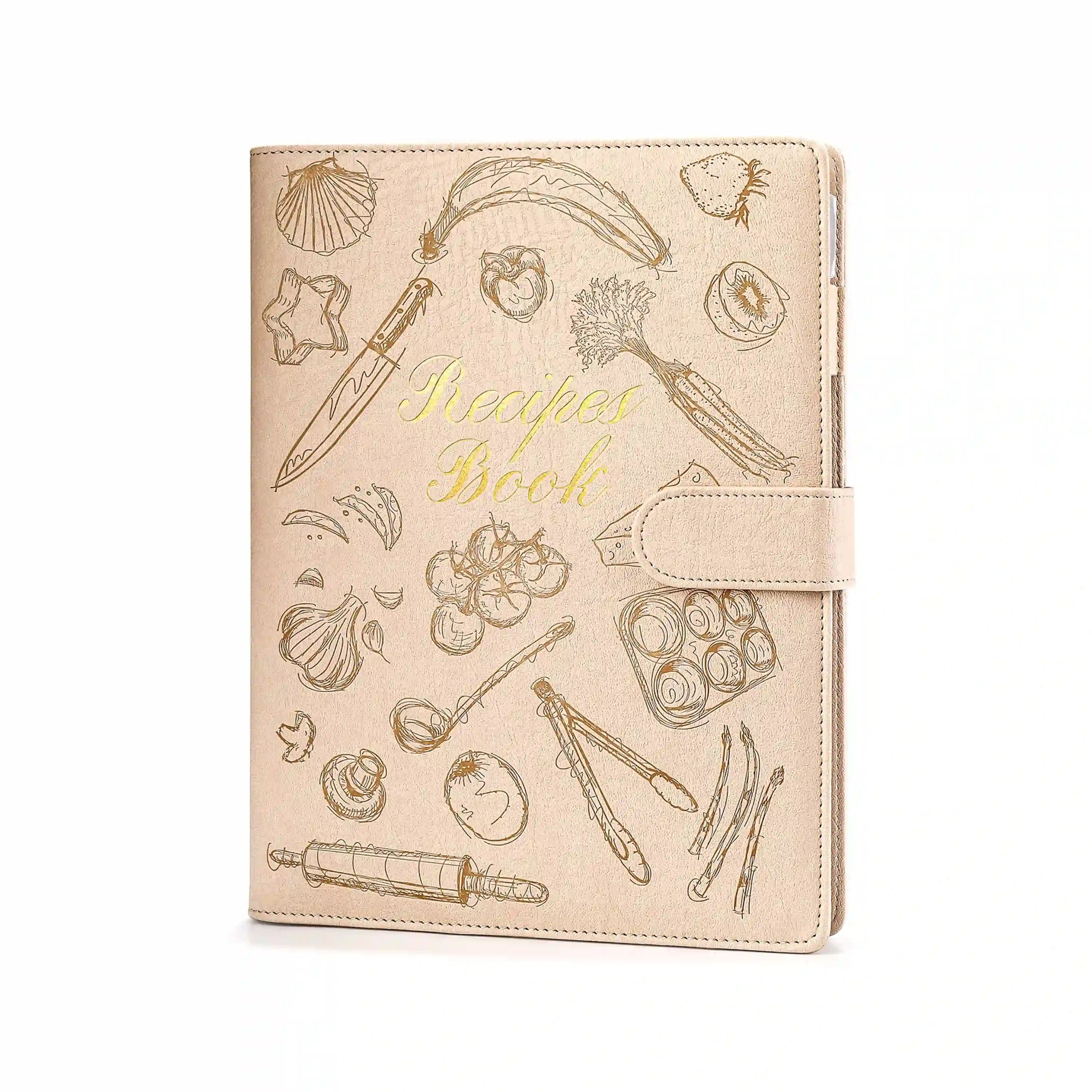 Molekaus premium black family recipe binder with gold foil lettering, featuring a 7x10 inch removable hardcover, 160 blank pages, and an elegant matching gift box.