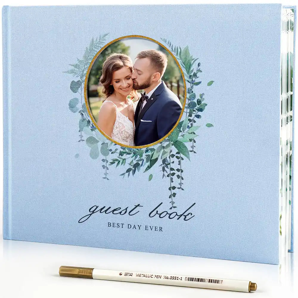 Molekaus elegant blue Polaroid wedding guest book kit. This textured linen hardcover features a 4x4 picture frame, ideal for capturing memories at your reception photo booth.