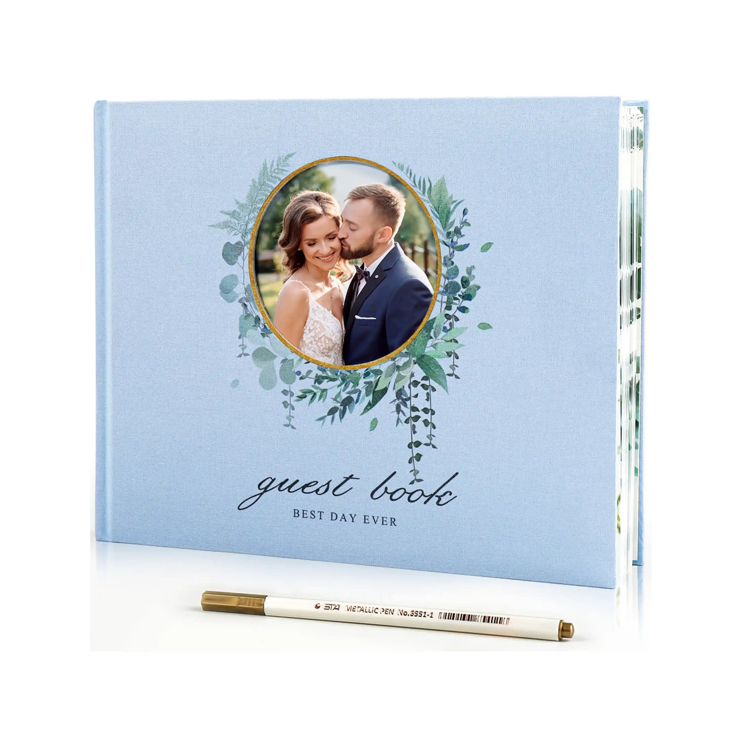 Molekaus blue linen wedding guest book with integrated 4x4 photo frame, designed for instant Polaroid-style reception photo booth memories.