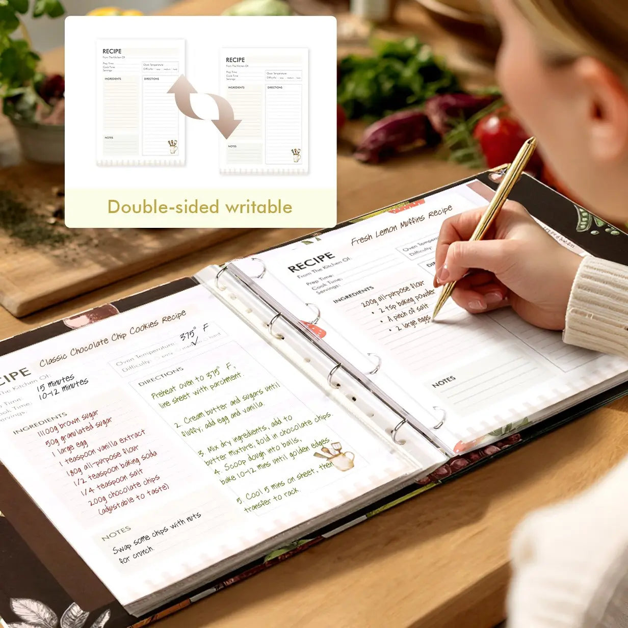 Molekaus premium botanical vegetable recipe binder featuring a 4-ring design, gold-corner accents, protective sheets, and vintage-style cards.