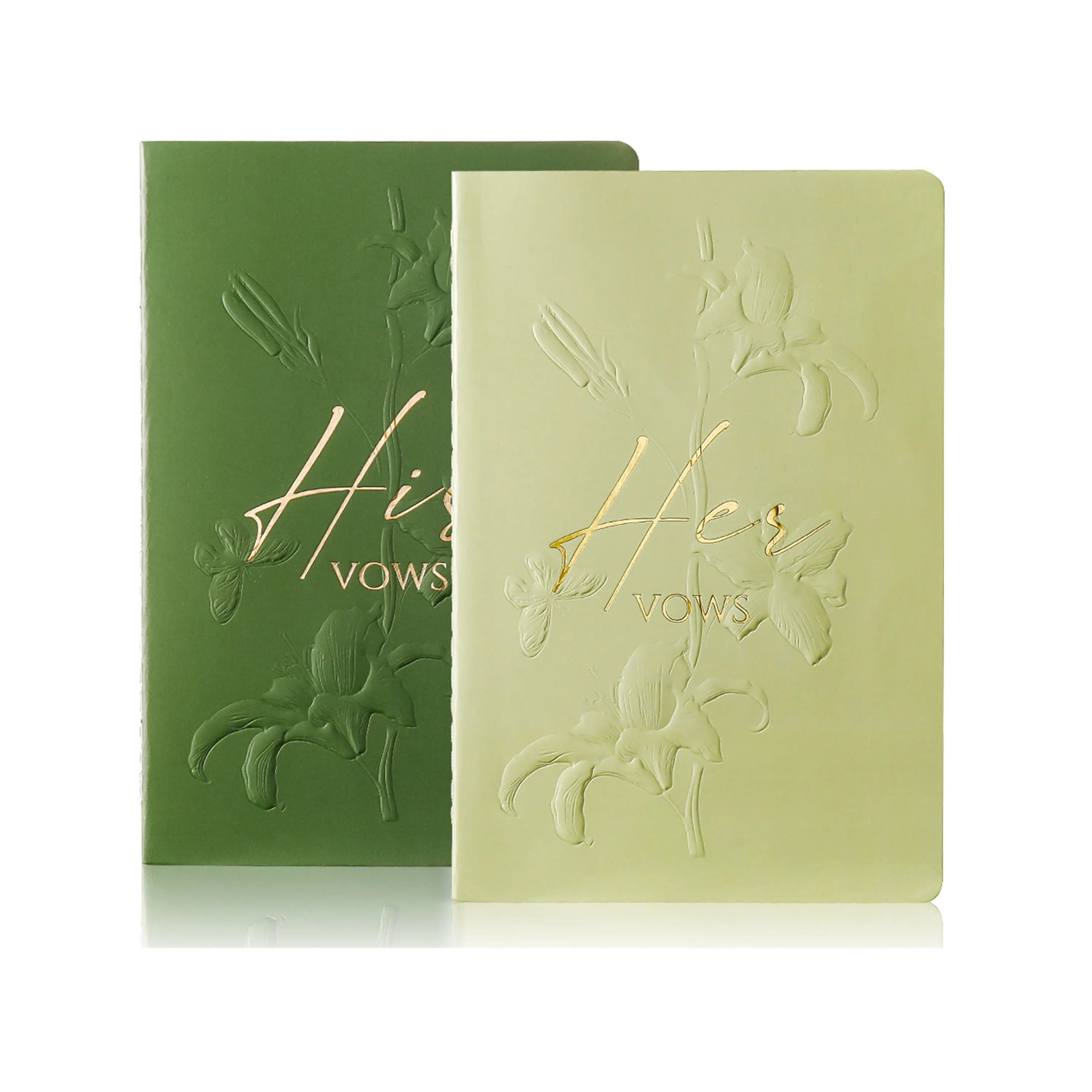 Molekaus his and hers wedding vow books in sage and forest green, highlighted by gold foil botanical details.