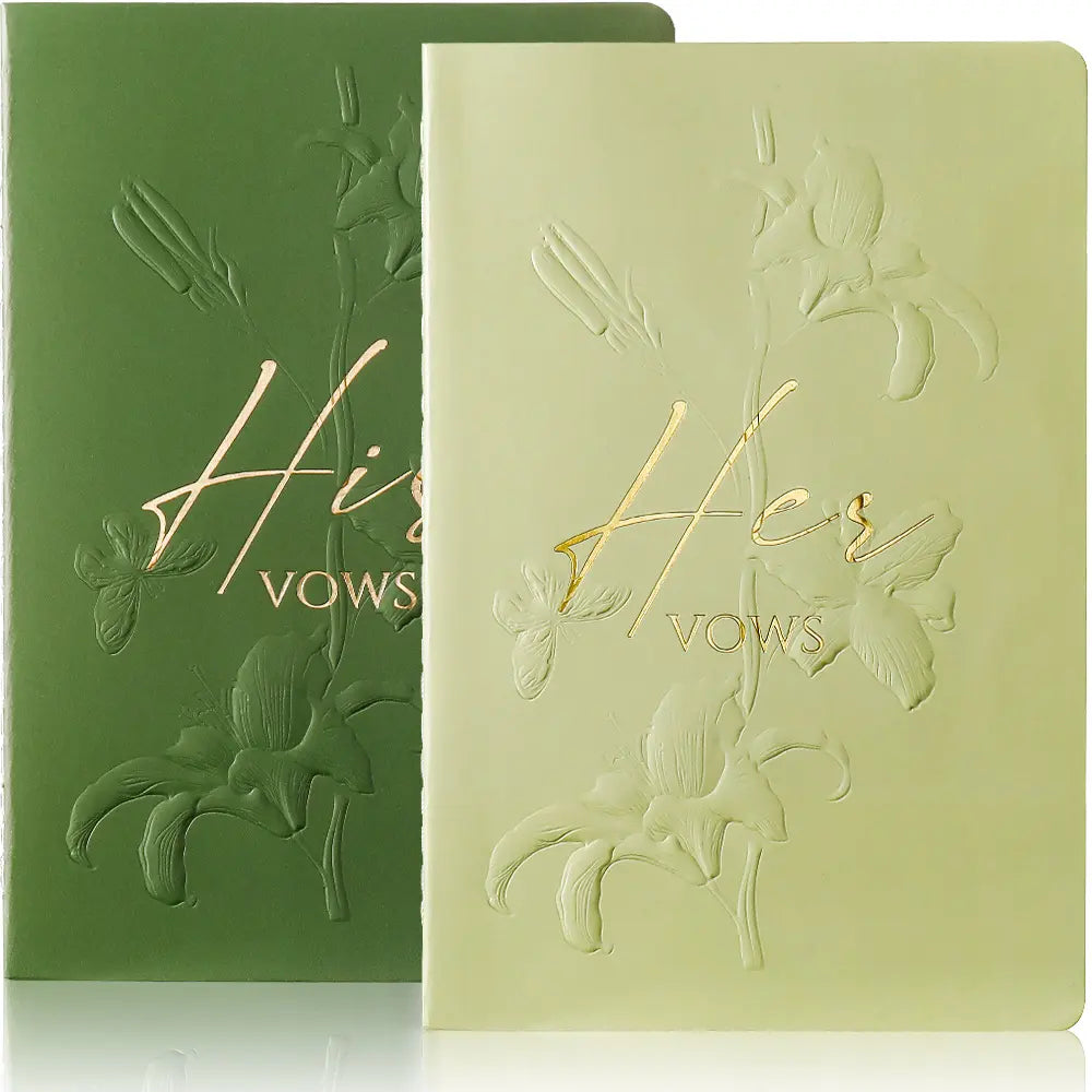 Molekaus his and hers wedding vow books in sage and forest green, highlighted by gold foil botanical details.