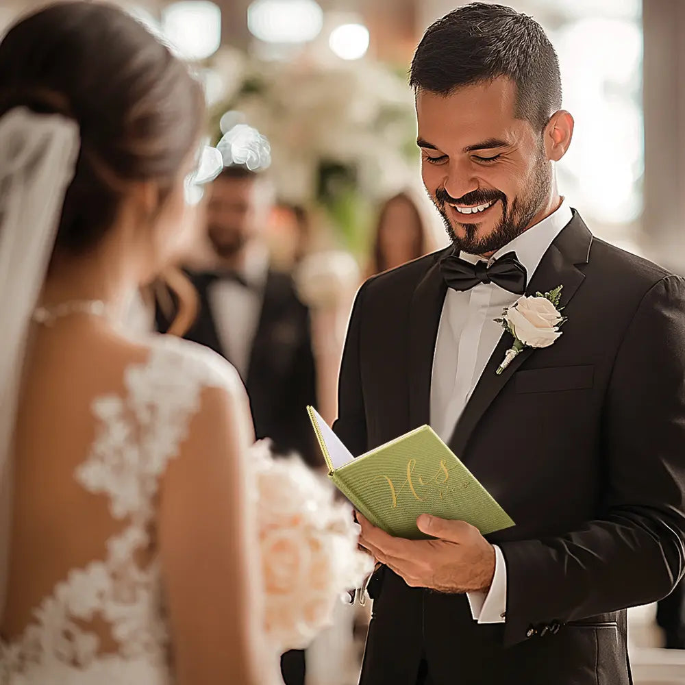 An outdoor wedding portrait capturing a bride and groom standing together, proudly holding their matching Molekaus beige and sage green vow book set in preparation for their romantic ceremony exchange.