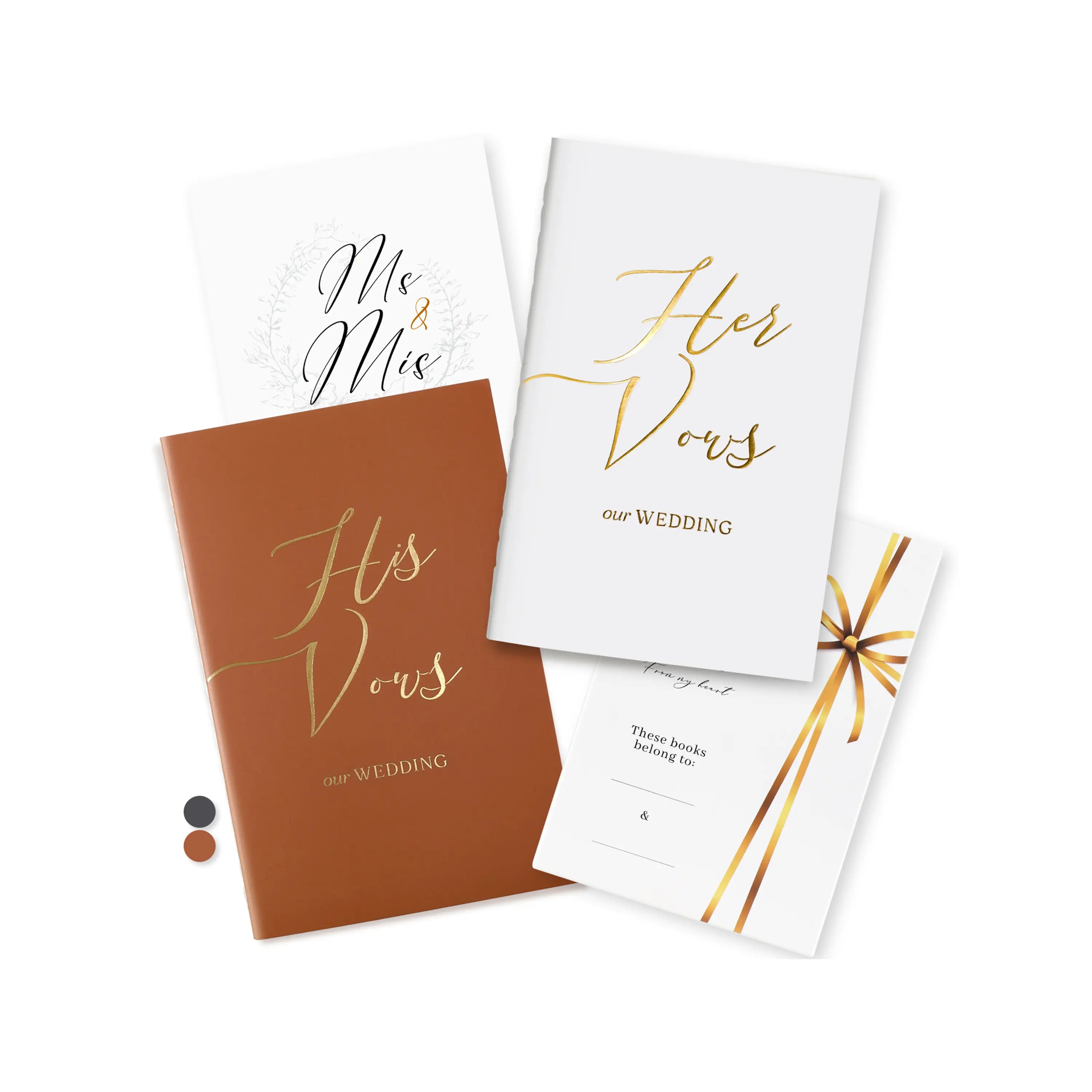 Molekaus brown and white his and hers wedding vow books, featuring gold foil engraving and elegant chiffon ribbons.