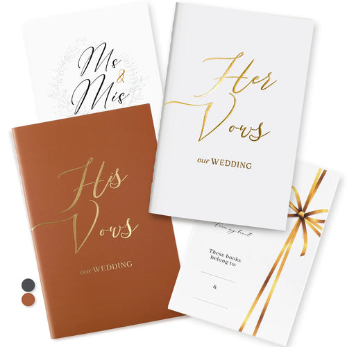 Molekaus brown and white his and hers wedding vow books, featuring gold foil engraving and elegant chiffon ribbons.