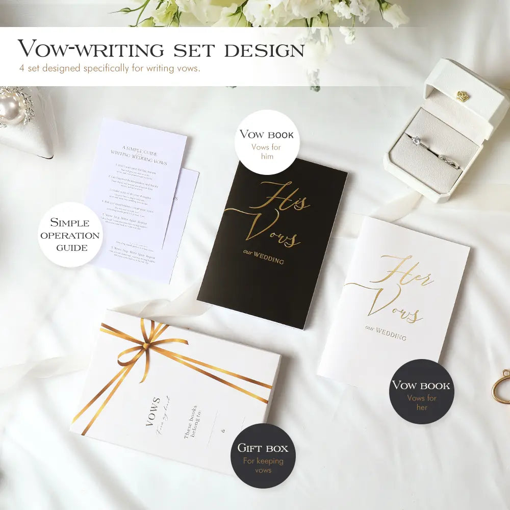 A close-up flat lay of the Molekaus wedding vow books, highlighting the luxurious gold foil embossed typography and the premium tactile texture of the cover, elegantly styled with wedding details.