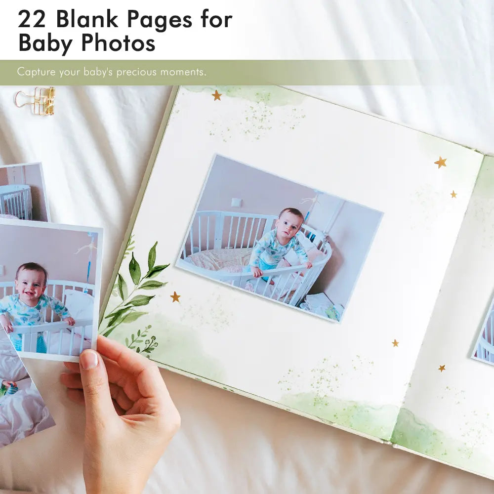 Molekaus baby shower guest book pages showing simple DIY photo mounting process with adhesive corners for a creative, personalized keepsake.