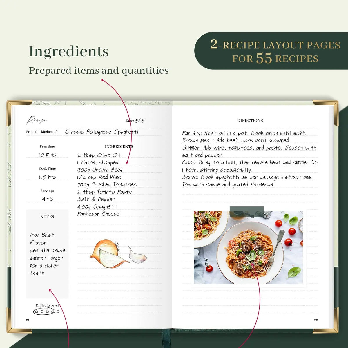 Molekaus guided recipe journal interior showcasing structured layout templates designed for organizing ingredients, directions, and cooking times.