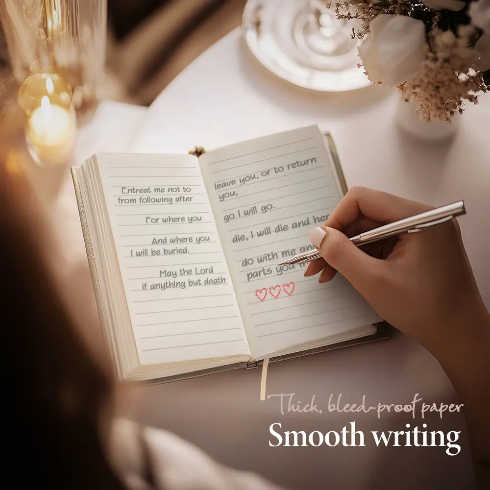 Molekaus premium linen his and hers wedding vow books with gold foil stamping and gilded edges, presented on a white background.