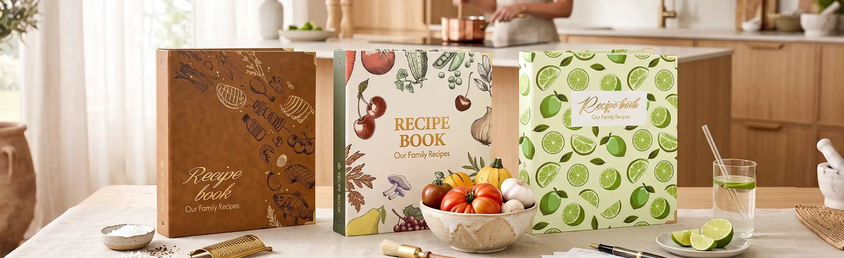 An elegant Molekaus heirloom family recipe organizer, designed with sophisticated gold foil accents to preserve your family's culinary traditions for generations.
