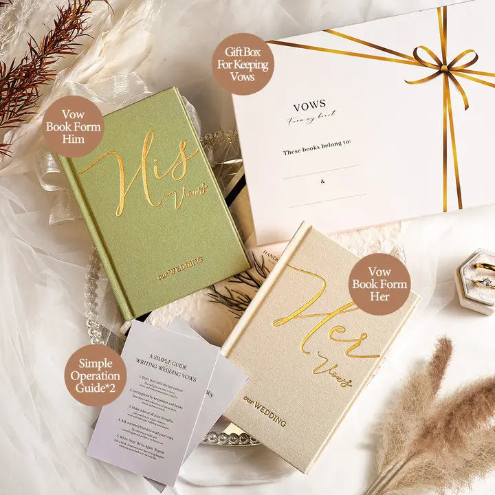 An open Molekaus heirloom linen vow journal displaying printed romantic promises, gracefully styled on a soft textured surface with delicate dried botanicals for post-wedding keepsake inspiration.