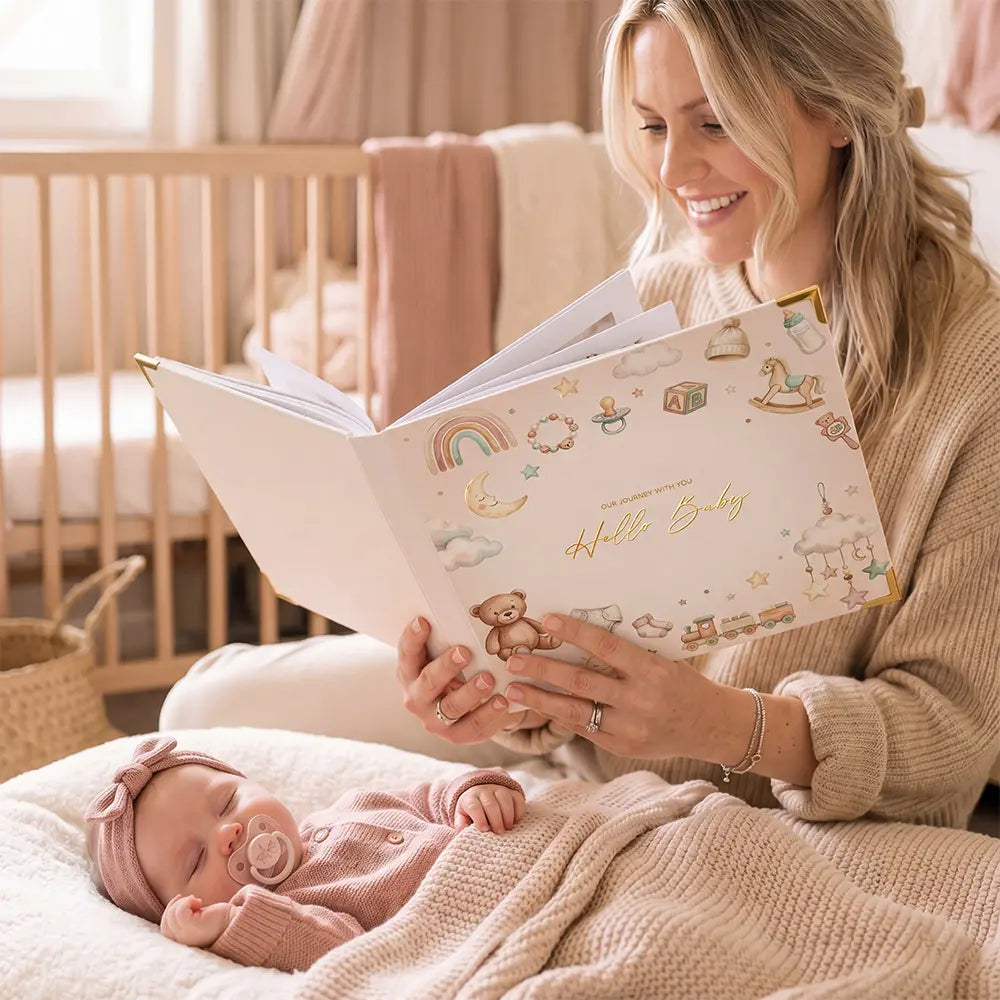 A beautifully styled lifestyle shot of the Molekaus illustrated baby milestone kit, perfectly integrated into a modern, minimalist nursery décor to create a peaceful space for capturing childhood memories.