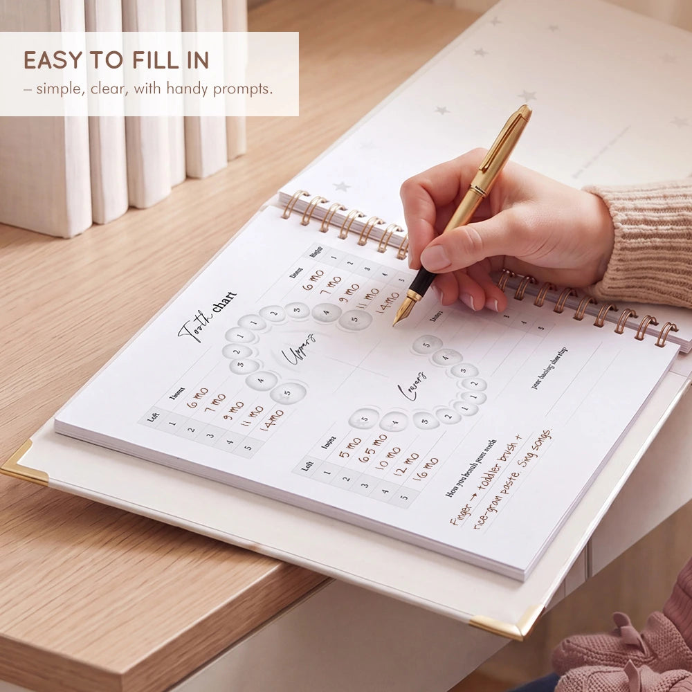 Close-up of the Molekaus baby milestone journal, showcasing its ink-friendly paper surface and the smooth writing experience perfect for capturing life’s precious developmental moments.