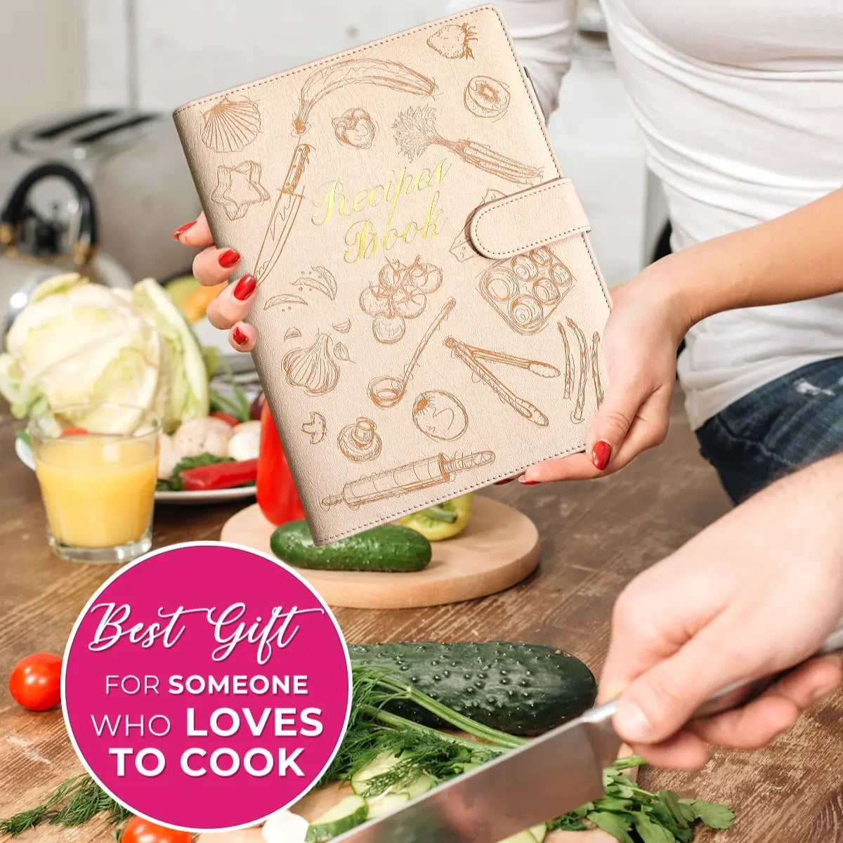 Unboxing the Molekaus large capacity recipe binder gift set, displaying its precise 9.5 by 11.5 inch dimensions and a 40-page bonus insert, presented as an elegant present for culinary enthusiasts.