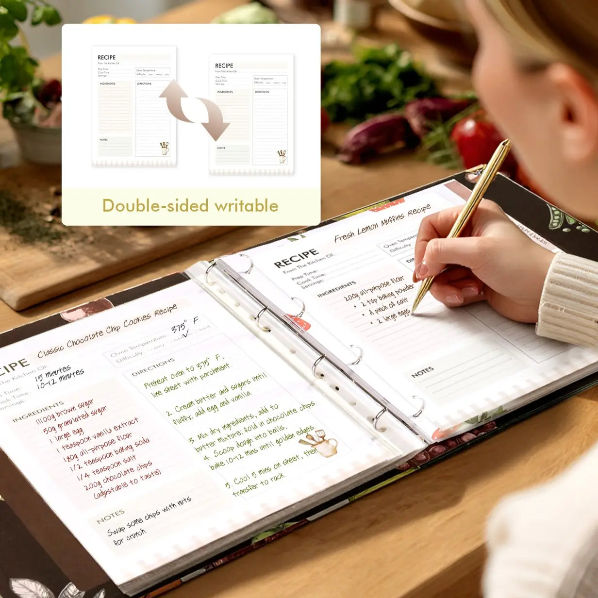 Molekaus premium brown leather recipe binder organizer with gold-tone accents, spill-proof sleeves, and blank cards, presented in a luxury gift box.