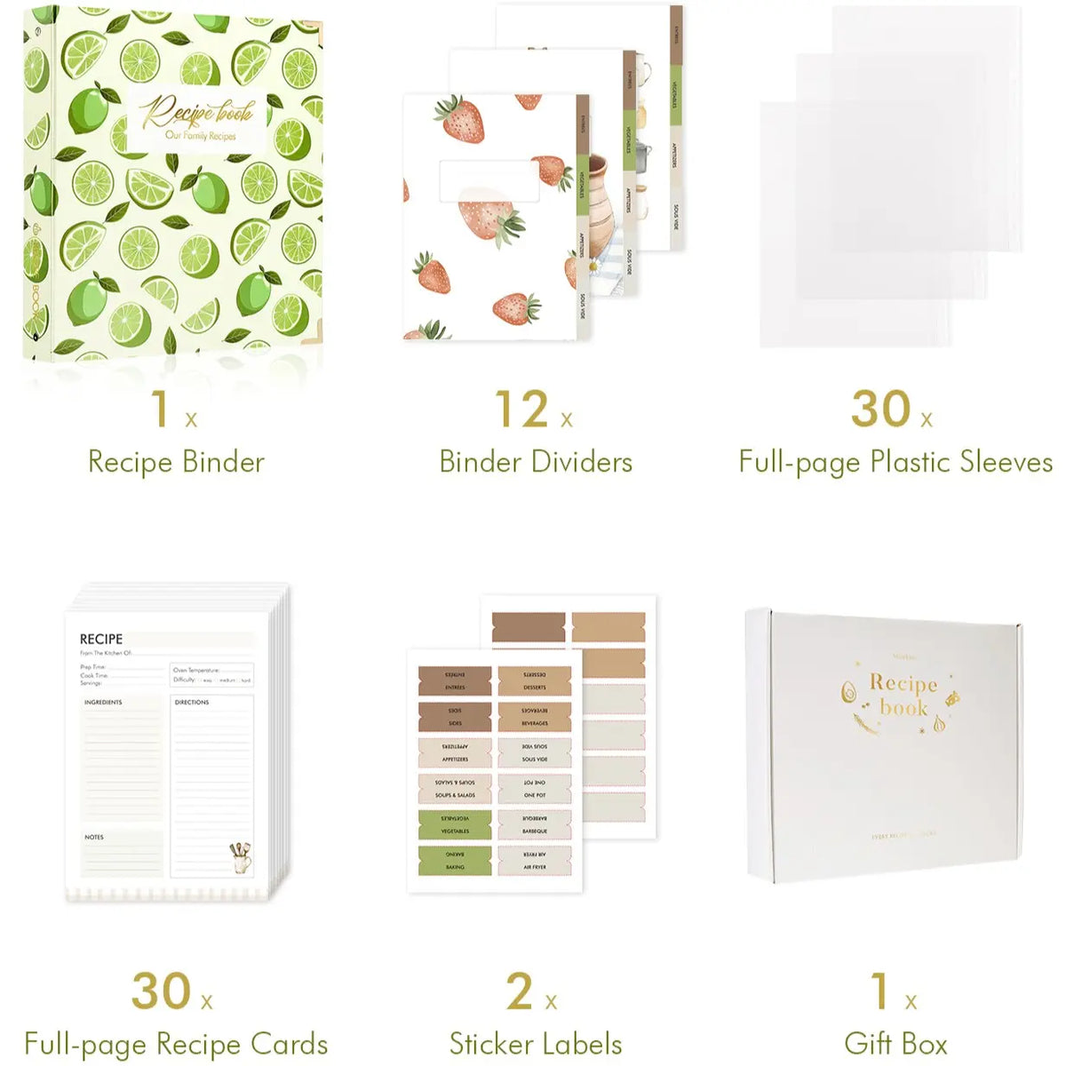 Molekaus waterproof lemon recipe binder components, featuring a complete citrus-themed custom cookbook starter set.