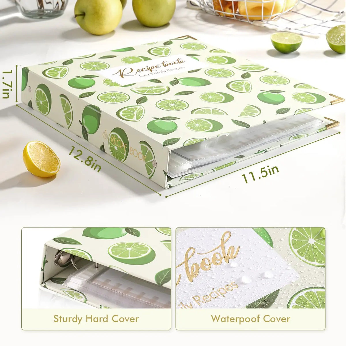 Molekaus lemon recipe binder dimensions showcasing a large format designed to easily store 8.5x11 full-page printed recipes.
