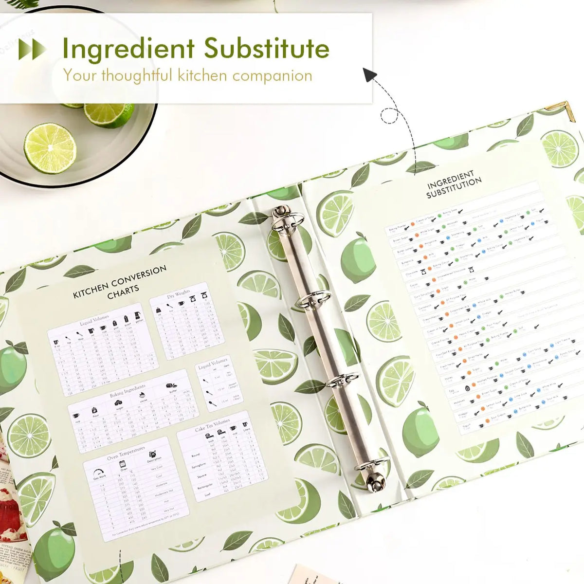 Molekaus lemon recipe binder featuring built-in kitchen conversion charts and ingredient substitution guides for quick reference.