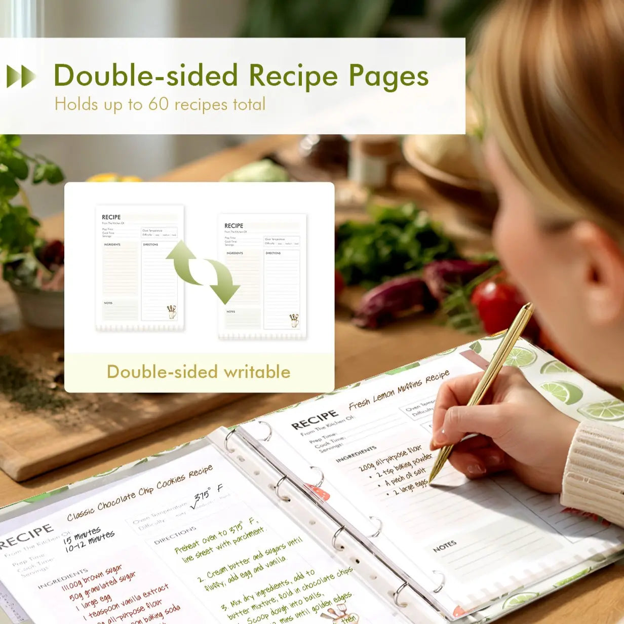 Molekaus 8.5x11 inch lemon-themed recipe binder set with clear plastic sleeves, tabbed dividers, and matching botanical recipe cards.