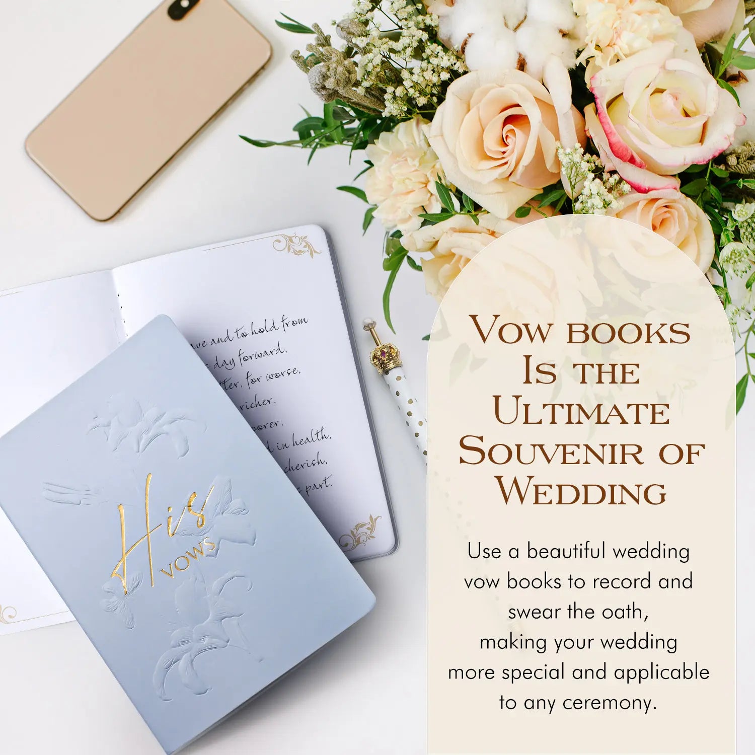 A top-down flat lay featuring the Molekaus light blue vow book open to traditional printed vows, styled elegantly alongside a gold smartphone, a delicate pen, and fresh roses to showcase the ultimate wedding souvenir.