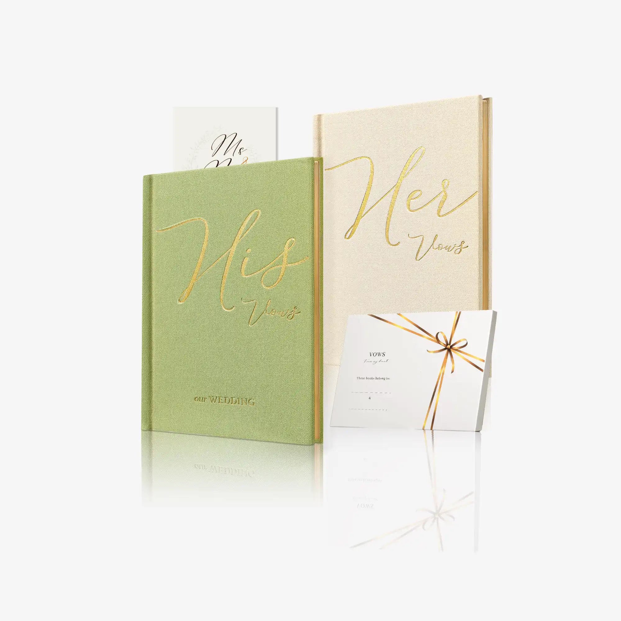 Molekaus premium linen his and hers wedding vow books with gold foil stamping and gilded edges, presented on a white background.