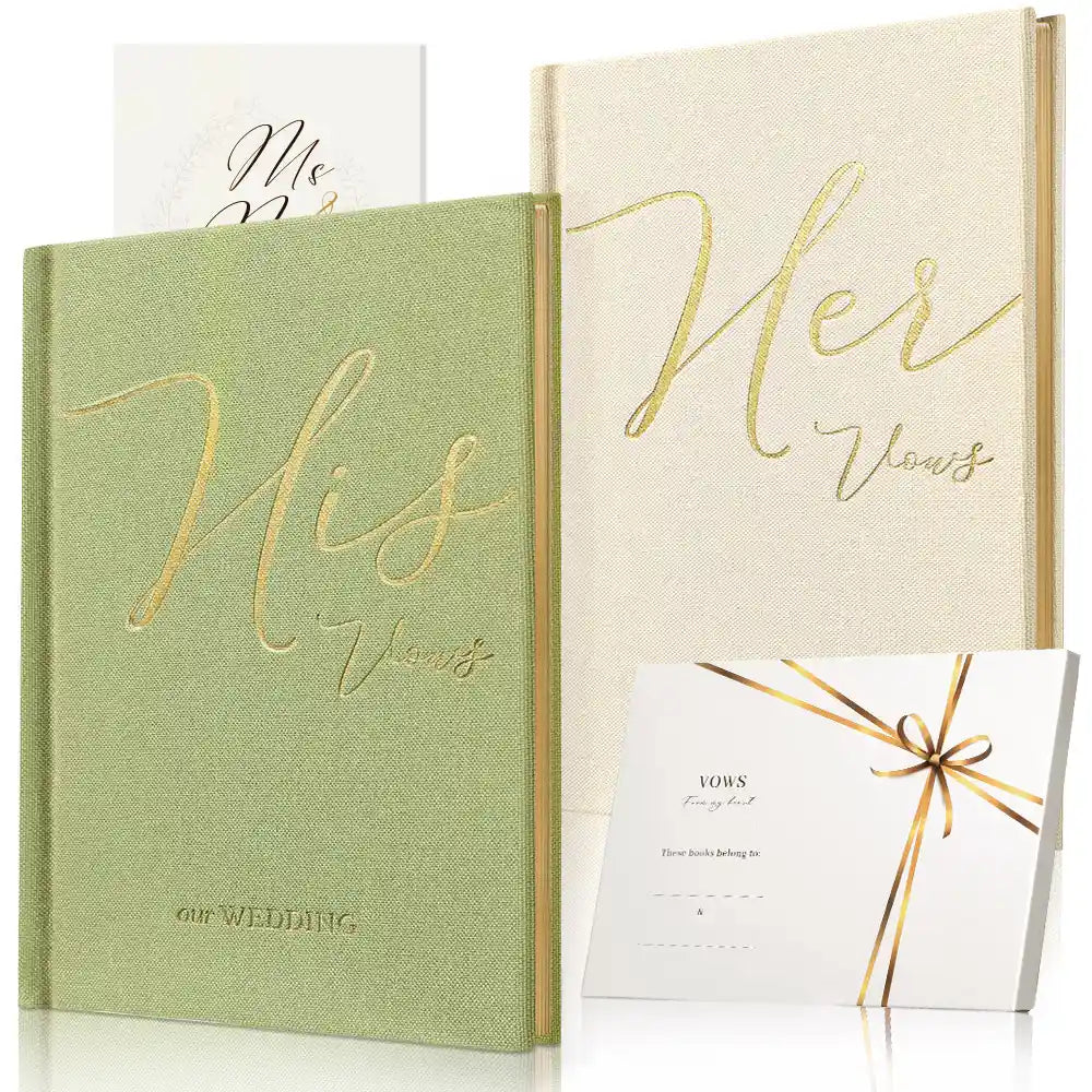 Molekaus premium linen his and hers wedding vow books with gold foil stamping and gilded edges, presented on a white background.