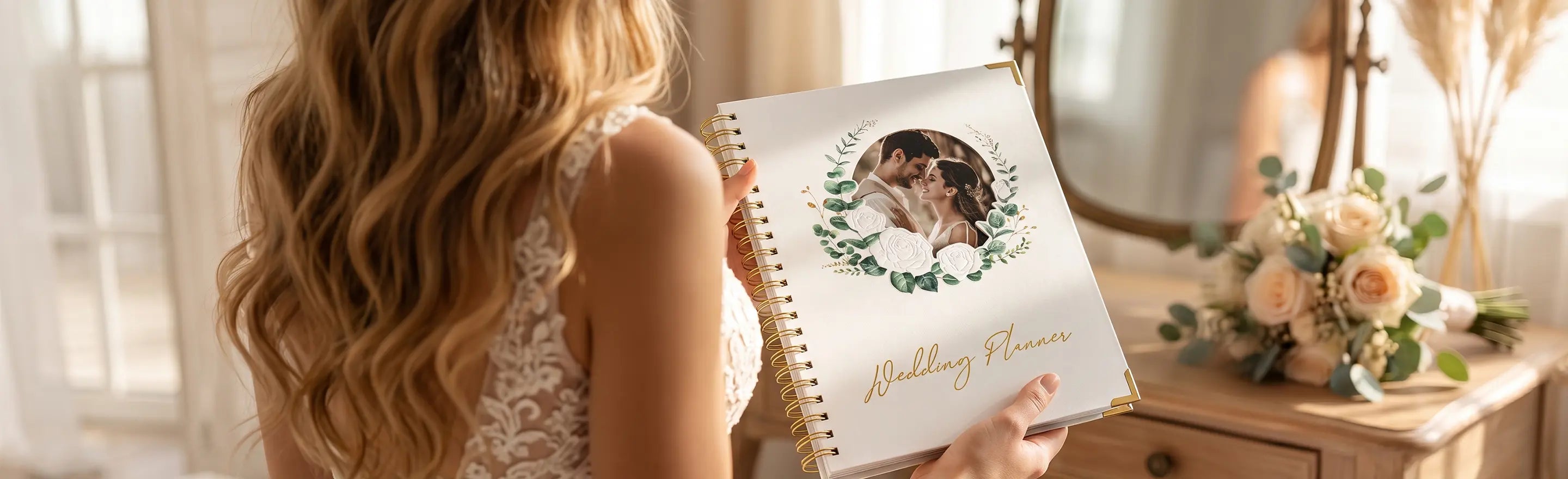 A sophisticated Molekaus minimalist wedding planner with a smooth matte hardcover and gold foil accents, designed for organized and elegant wedding day planning.
