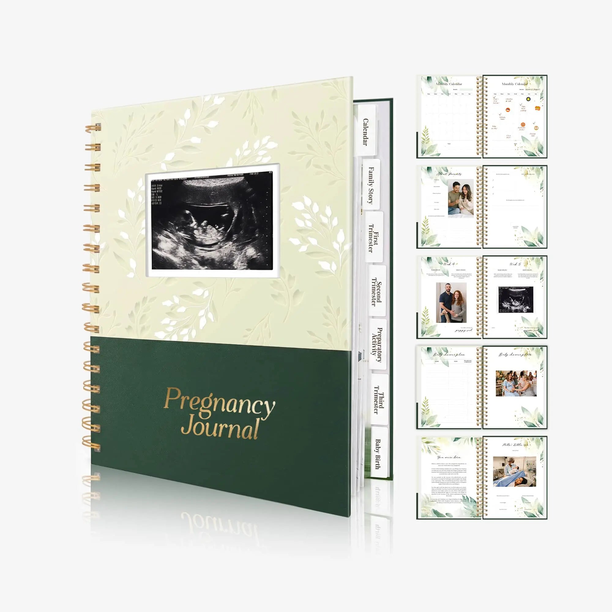 Molekaus minimalist leather pregnancy journal layout displayed with MOM blocks and a baby pacifier.